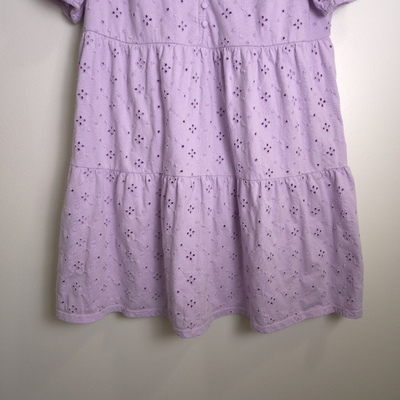LOFT Eyelet Embroidered Puff Sleeve Button Tiered Purple Swing Dress M - Picture 4 of 10